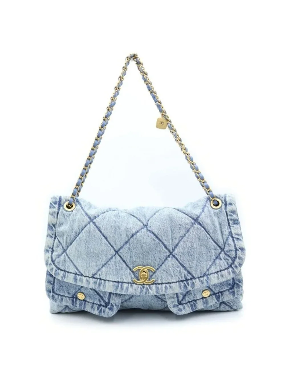Chanel CC Logo Denim Maxi Flap Bag Handbag Bag Blue